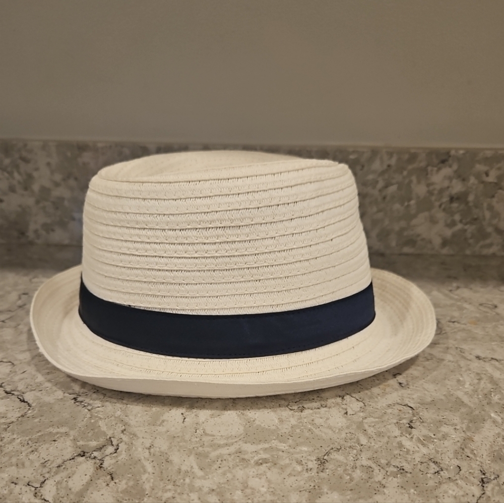 Gymboree Boys White Straw Fedora With Navy Band Size 8- 10-12